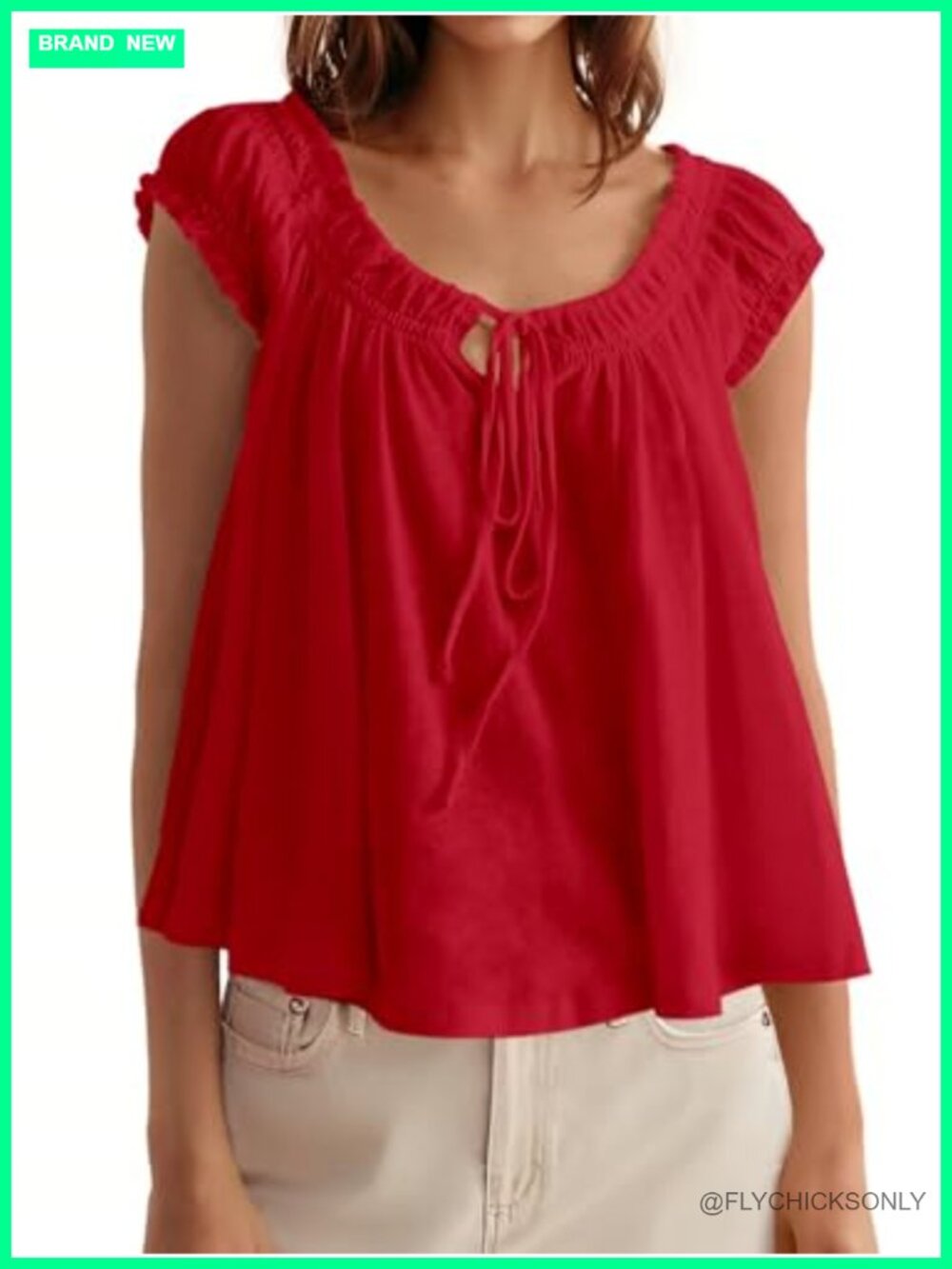 Scoop Neck Tie Front Cap Sleeve Babydoll Tank Top Blouse Flowy Loose Fit Summer